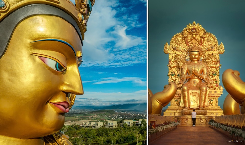 Cận cảnh tượng Phật Trường thọ (trái) và tượng Phật Di Lặc