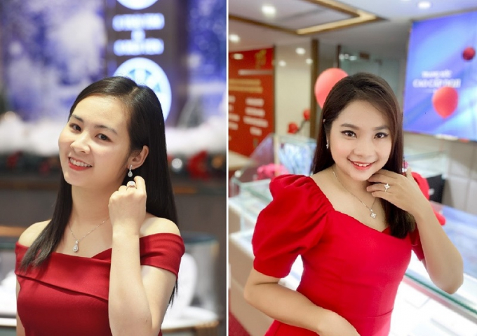 Lên đồ dịp giáng sinh, hot mom Nguyễn Phương Thanh và Hồng Nhung cũng tỏa sáng rực rỡ với thiết kế trang sức kim cương 8 Hearts & 8 Arrows lấp lánh, kết hợp cùng váy tông đỏ nổi bật.