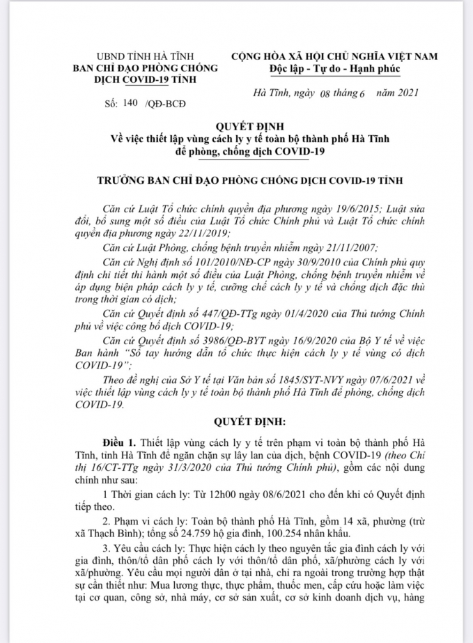Chủ tịch UBND tỉnh Hà Tĩnh Võ Trọng Hải vừa ký quyết định số 140/QĐ-BCĐ về việc thiết lập vùng cách ly y tế toàn bộ thành phố Hà Tĩnh để ngăn chặn sự lây lan của dịch, bệnh COVID-19 (theo Chỉ thị 16/CT-TTg ngày 31/3/2020 của Thủ tướng Chính phủ).