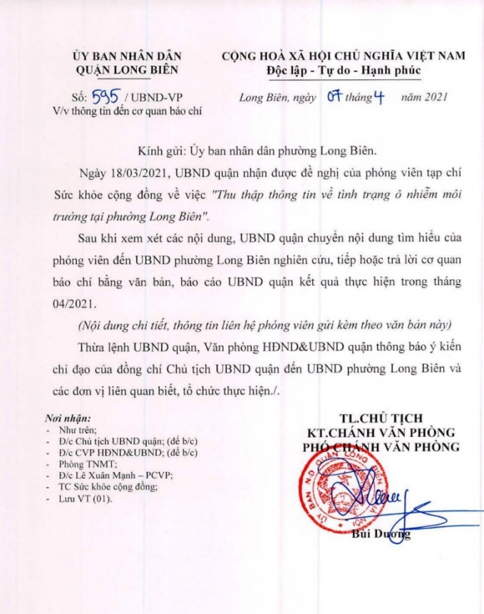 Văn bản chỉ đạo của quận Long Biên yêu cầu phường Long Biên trả lời báo chí.