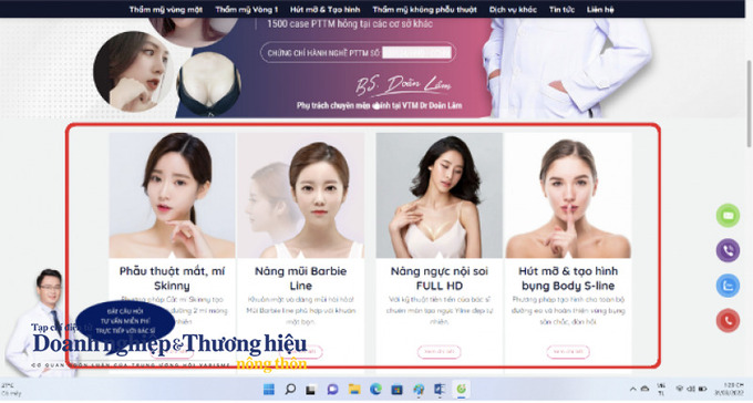 Các dịch vụ làm đẹp như nâng ngực, hút mỡ, tạo hình thành bụng,... được quảng cáo tại website https://thammydoanlam.com/