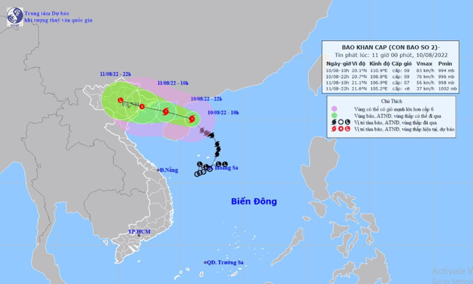 Vị trí và hướng di chuyển tiếp theo của bão số 2 Mulan. Ảnh: Trung tâm dự báo khí tượng thủy văn quốc gia