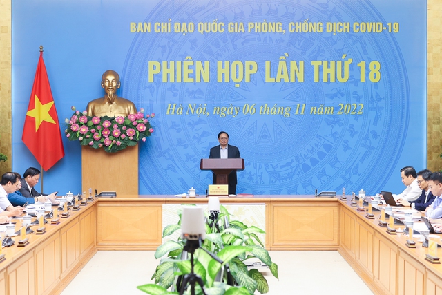 Thủ tướng Chính phủ Phạm Minh Chính, Trưởng Ban Chỉ đạo Quốc gia phòng, chống dịch COVID-19 chủ trì phiên họp thứ 18 của Ban Chỉ đạo. Ảnh: VGP