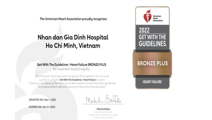 Chứng nhận đồng về quản lý điều trị suy tim của Hiệp hội Tim mạch Hoa Kỳ (AHA) trao cho Bệnh viện Nhân dân Gia Định