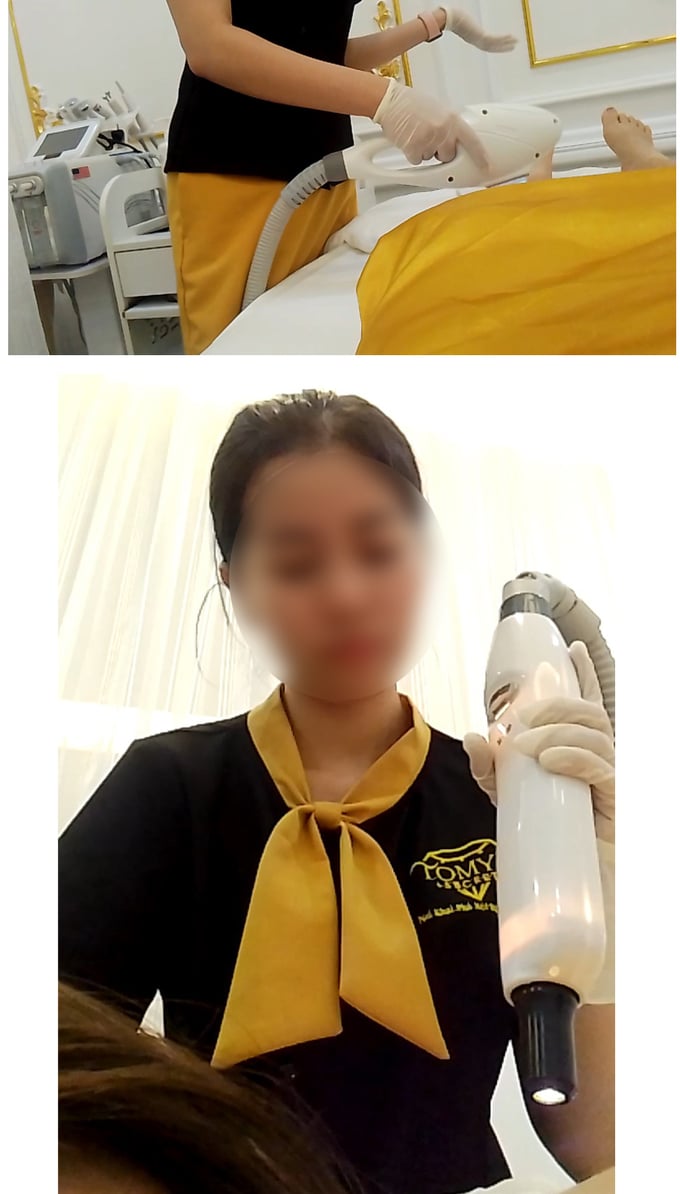 Nhân viên tại TOMY’ SECRET sử sụng thiết bị chiếu tia sáng lưng và chân cho bà H.Tr (ảnh cắt từ Clip)