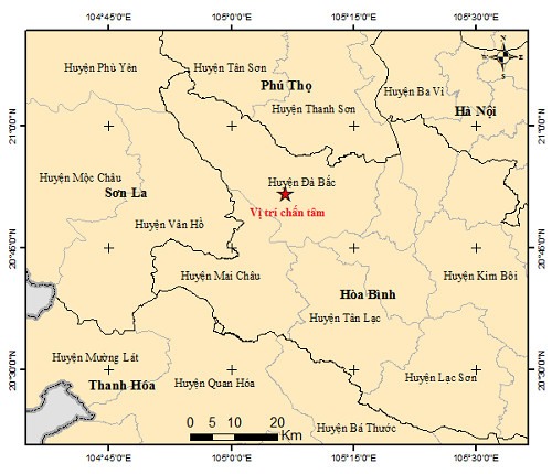 Động đất xảy ra tại khu vực huyện Đà Bắc, tỉnh Hòa Bình. Ảnh: Trung tâm báo tin động đất và cảnh báo sóng thần - Viện Vật lý Địa cầu