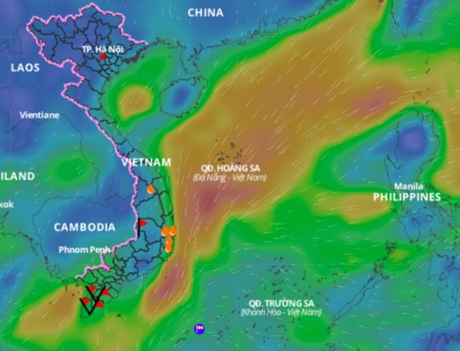 Lớp hướng gió trên biển ngày 5/1/2023. Ảnh: Hệ thống giám sát thiên tai Việt Nam