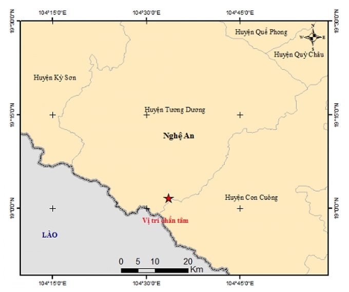 Tâm chấn trận động đất sáng nay ở Nghệ An. Ảnh: Trung tâm Báo tin động đất và cảnh báo sóng thần