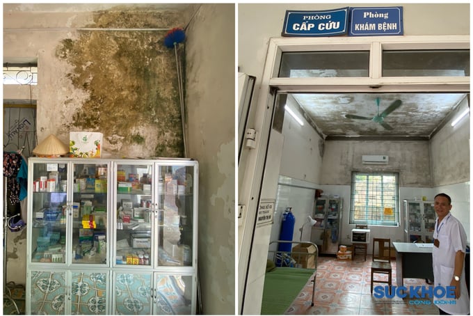 Bên trong phòng cấp cứu, tủ thuốc trạm y tế phường Quảng Thành xuống cấp gây ẩm mốc, rong rêu phủ kín các bức tường