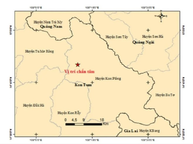 Vị trí tâm chấn trận động đất mạnh 3.7 độ richter, hôm nay 16/5. Ảnh: Viện Vật lý địa cầu