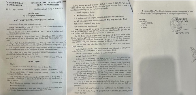 Quyết định số 251/QĐ-XPVPHC của UBND quận Tân Bình đối với Công ty cổ phần Nha khoa thẩm mỹ Quốc tế Belux Smile Dental