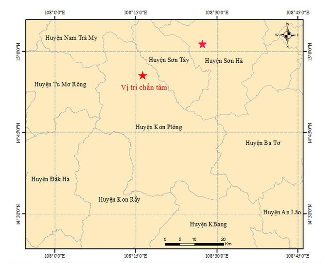 Chỉ trong vòng ít giờ, tại khu vực huyện KonPlông, tỉnh Kon Tum lại liên tiếp xảy ra 4 trận động đất. Trận mạnh nhất có cường độ 3,3 độ Richter. Ảnh: Viện Vật lý Địa cầu
