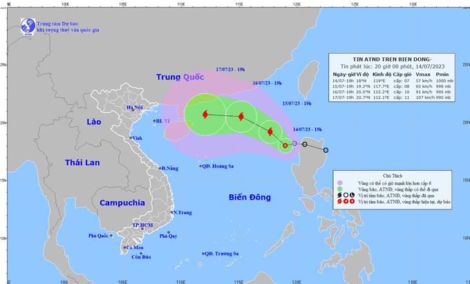 Dự báo hướng đi của bão. Ảnh: Trung tâm dự báo khí tượng thủy văn quốc gia