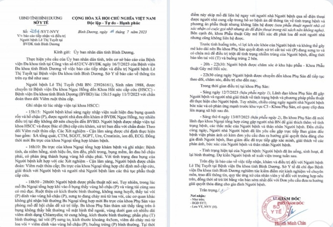 Công văn 2094/SYT-NVY của Sở Y tế Báo cáo vụ việc gửi UBND tỉnh Bình Dương
