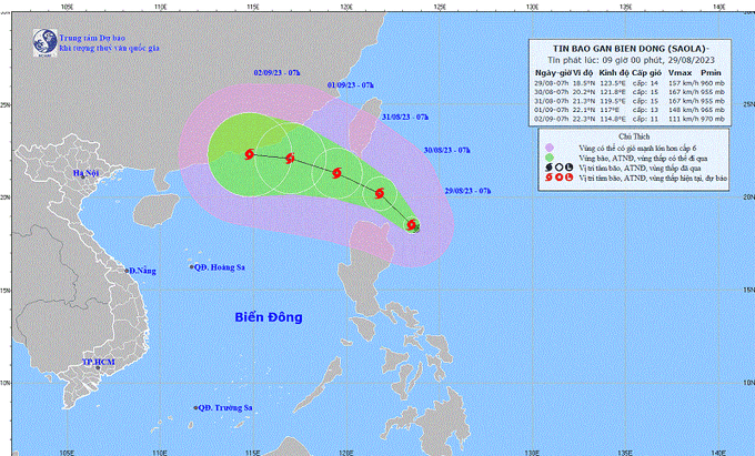 Dự báo đường đi của bão Saola. Ảnh: Trung tâm dự báo khí tượng thủy văn quốc gia