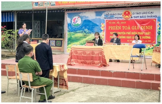 Công an phối hợp với các đơn vị trường học tổ chức truyên truyền phòng chống bạo lực học đường. Ảnh: Laocai.gov
