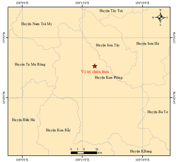 Bản đồ tâm chấn động đất có độ lớn 4,4 xảy ra tại huyện Kon Plông, tỉnh Kon Tum. Nguồn ảnh: Viện Vật lý địa cầu