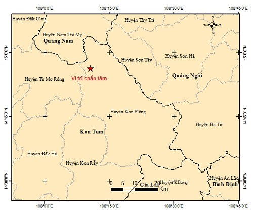 Vị trí động đất xảy ra tại khu vực huyện Kon Plông, tỉnh Kon Tum ngày 24/9. Ảnh: Viện Vật lý địa cầu