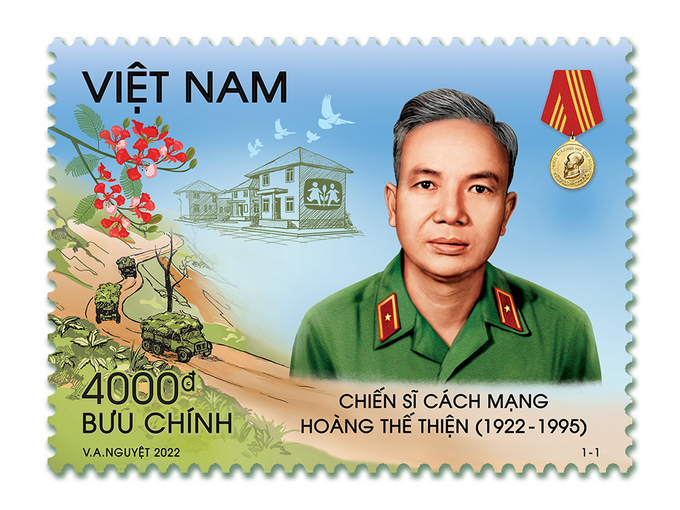 Bộ tem bưu chính “Chiến sĩ cách mạng Hoàng Thế Thiện (1922-1995)” (Nguồn ảnh: Nhà lưu niệm Thiếu tướng Hoàng Thế Thiện, TP. HCM)