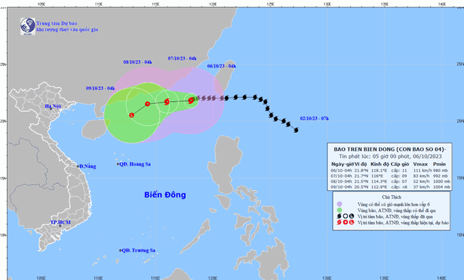 Vị trí và đường đi của bão số 4 lúc 4 giờ ngày 6/10. Ảnh: Trung tâm dự báo khí tượng thủy văn quốc gia