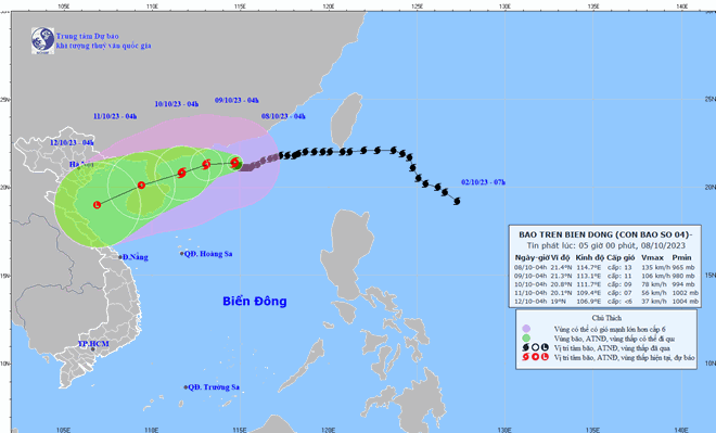 Vị trí và đường đi của bão số 4 lúc 4 giờ ngày 8/10. Ảnh: Trung tâm dự báo khí tượng thủy văn quốc gia