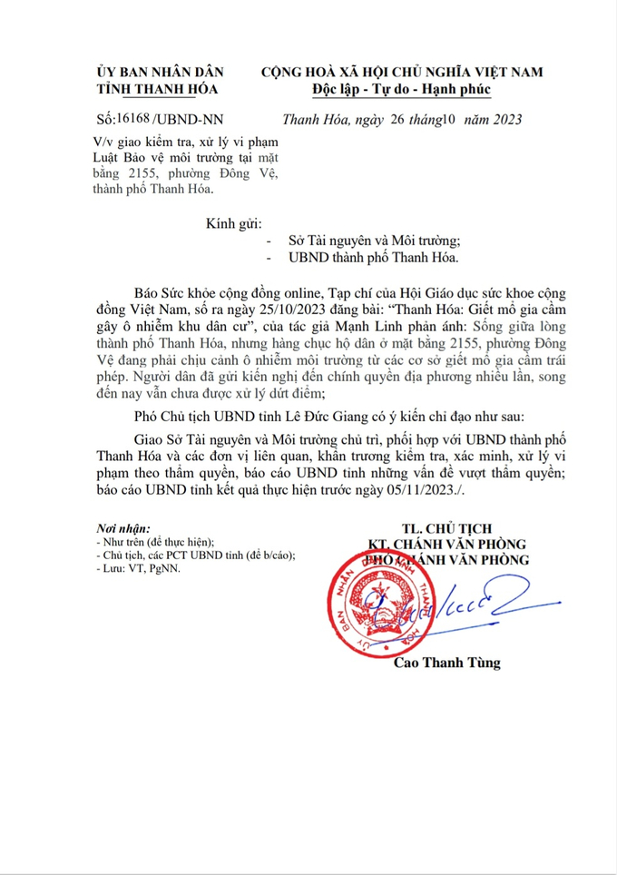 Văn bản giao và chỉ đạo của UBND tỉnh Thanh Hóa yêu cầu xác minh, xử lý nghiêm vi phạm sau phản ánh của Tạp chí Sức Khỏe Cộng Đồng.