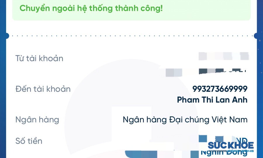 Thai phụ được yêu cầu thanh toán tiền vào tài khoản cá nhân mang tên Pham Thi Lan Anh. Sau thanh toán, phòng khám không xuất hóa đơn theo quy định