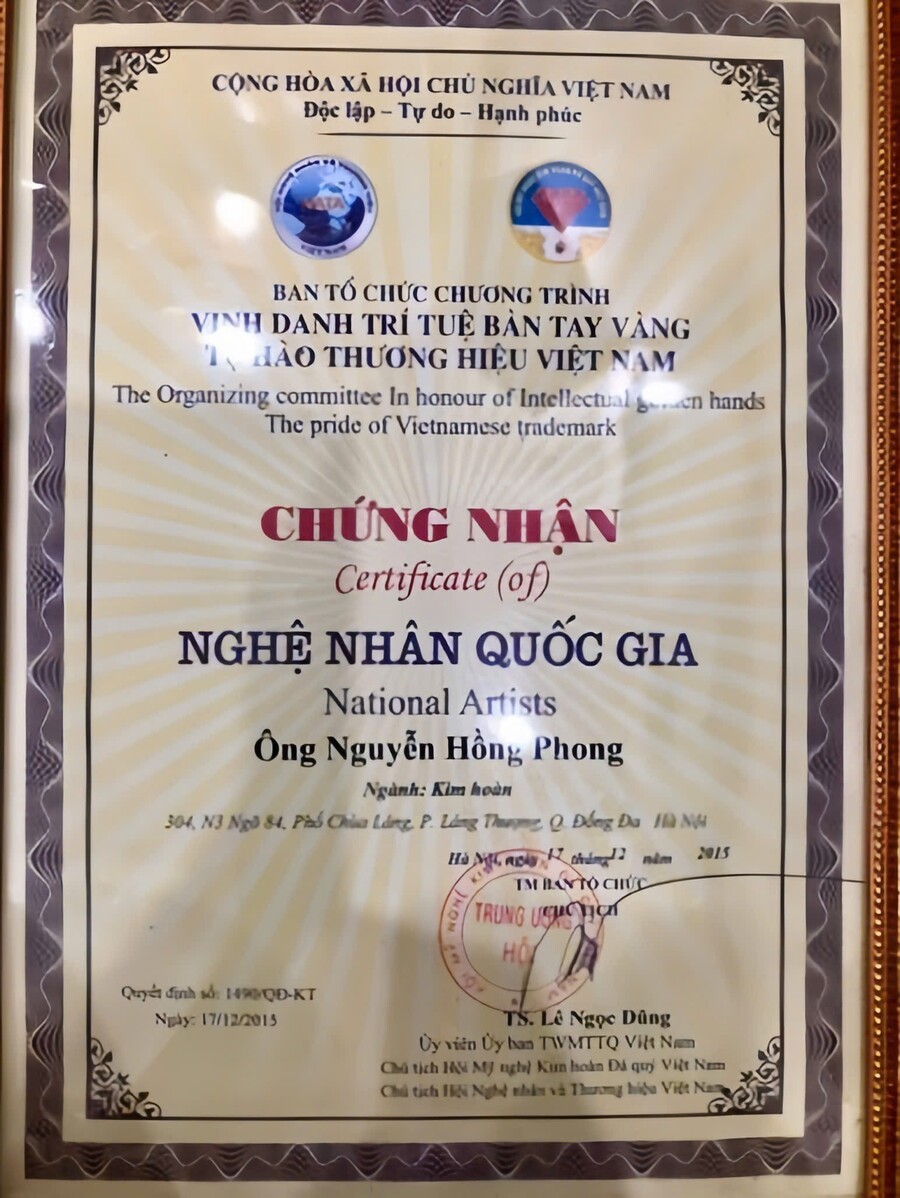 Hội Mỹ nghệ Kim hoàn Đá quý Việt Nam phong tặng danh hiệu Nghệ nhân Quốc gia Nguyễn Hồng Phong