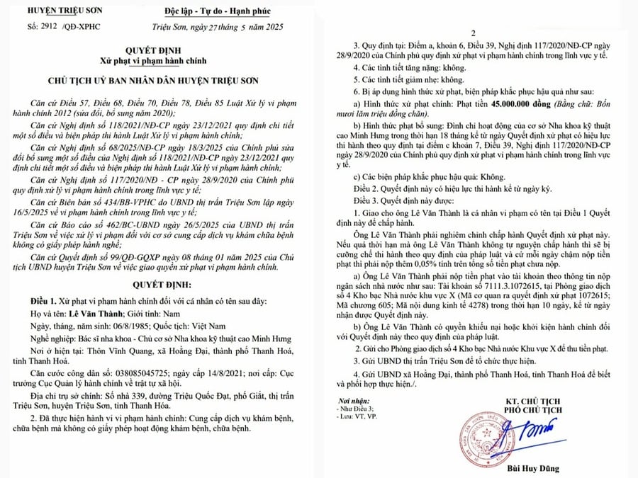 Quyết định xử phạt vi phạm hành chính đối với ông Lê Văn Thành - chủ cơ sở Nha khoa Minh Hưng