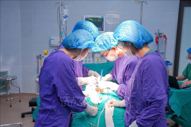 Đội ngũ y, bác sĩ Bệnh viện Hùng Vương Gia Lai thực hiện ca phẫu thuật lấy viên sỏi bàng quang hơn 10cm cho bệnh nhân. Ảnh: TTXVN phát