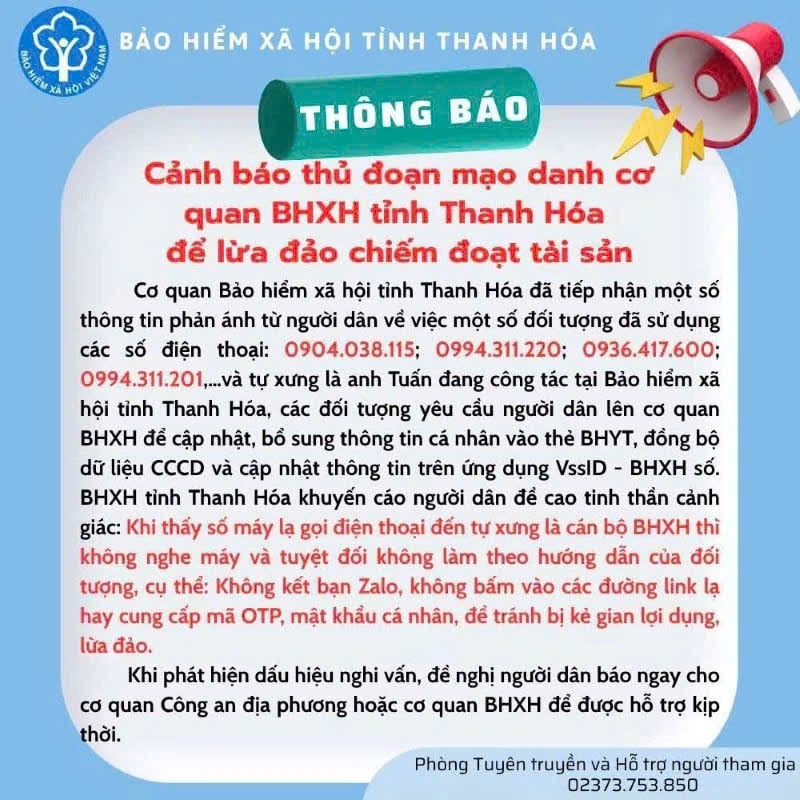 Cơ quan BHXH tỉnh Thanh Hoá thông báo thủ đoạn mạo danh để lừa đảo