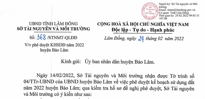 Công văn phản hồi của Sở Tài nguyên Môi trường tỉnh đối với tờ trình 04 của huyện Bảo Lâm