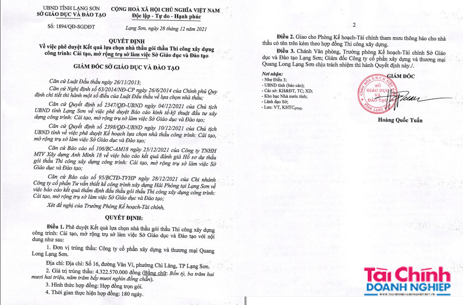 Quyết định phê duyệt kết quả lựa chọn nhà thầu do ông Hoàng Quốc Tuấn, giám đốc Sở GD&ĐT Lạng Sơn ký.