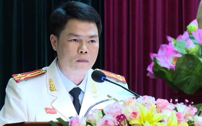 Thượng tá Nguyễn Hữu Mạnh, tân Phó Giám đốc Công an tỉnh Thanh Hóa phát biểu nhận nhiệm vụ.