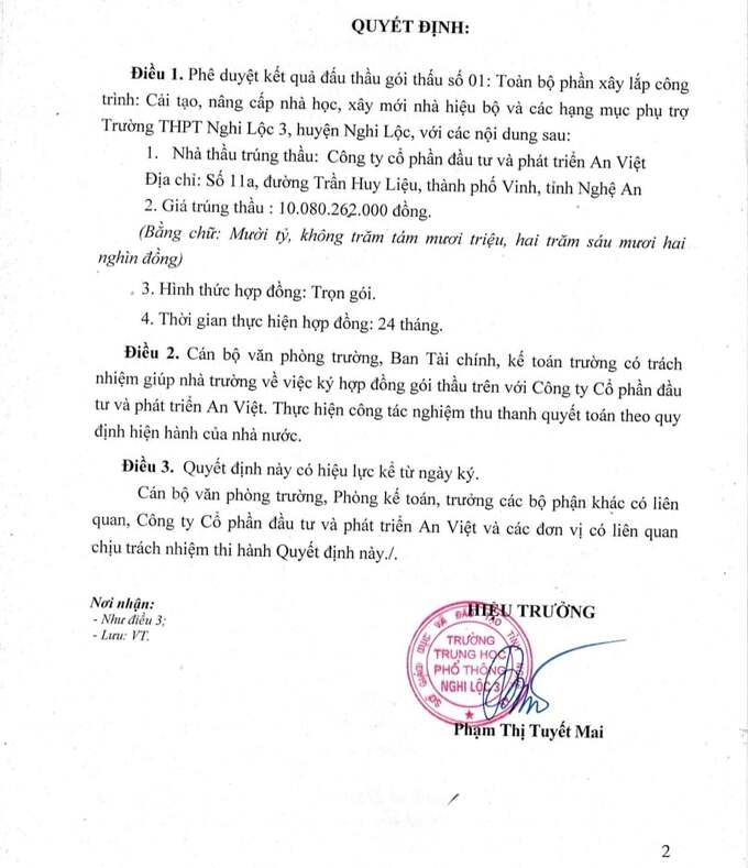 Quyết định phê duyệt kết quả trúng thầu tại dự án Trường THPT Nghi Lộc 3, huyện Nghi Lộc.
