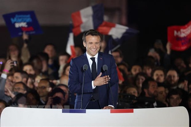 Tổng thống Pháp Emmanuel Macron trong cuộc gặp những người ủng hộ, sau khi giành chiến thắng trong cuộc bầu cử Tổng thống vòng 2, tại Paris, tối 24/4/2022. Ảnh: AFP