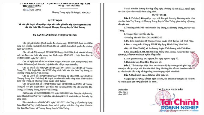 Ông Lê Văn Long - Chủ tịch UBND xã Thượng Trưng, huyện Vĩnh Tường đã ký quyết định số 258/ QĐ - UBND về việc phê duyệt kết quả trúng thầu cho Công ty TNHH Xây dựng Thành Công Vĩnh Phúc.