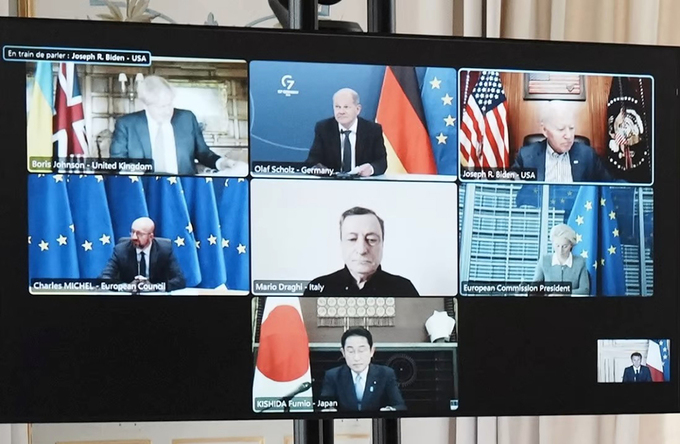 Cuộc họp trực tuyến giữa các nhà lãnh đạo G7. Ảnh: EPA-EFE