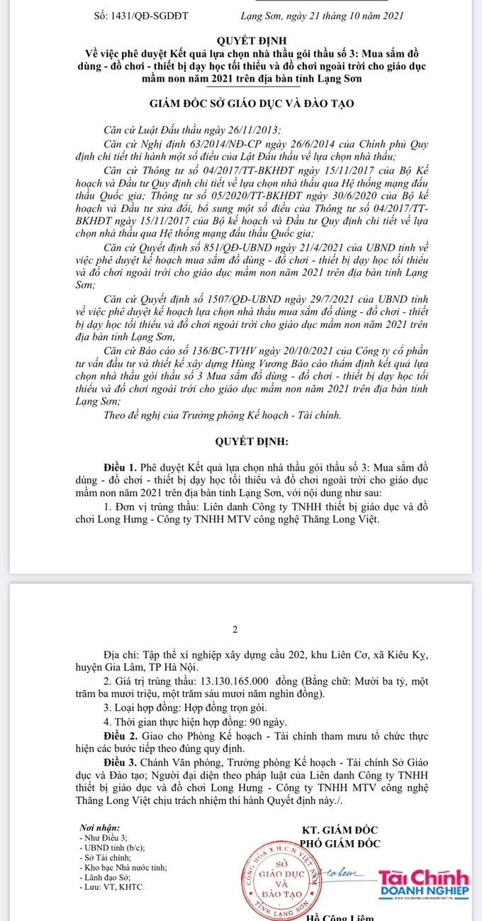 Quyết định phê duyệt nhà thầu do Phó GĐ Sở GD&ĐT Lạng Sơn Hồ Công Liêm ký.