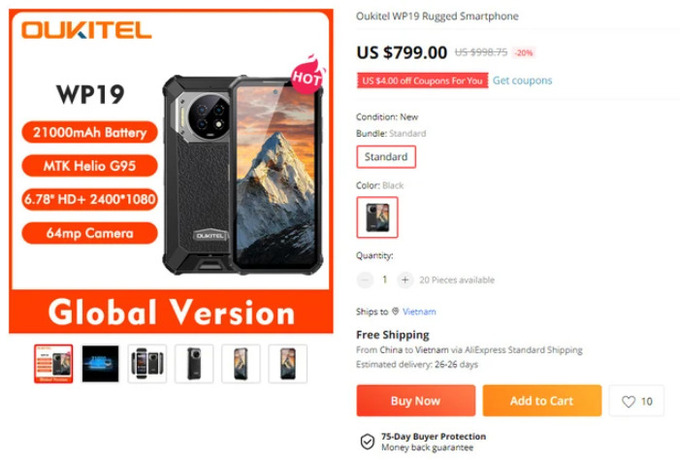 Giá bán của Oukitel WP19 trên sàn thương mại điện tử AliExpress.