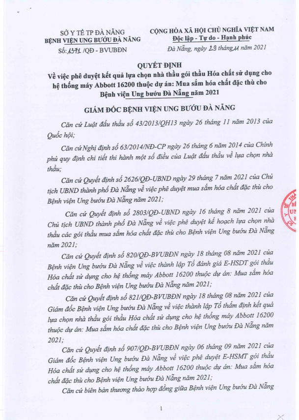 Quyết định số 1371/QĐ-BVUBĐN về việc phê duyệt kết quả lựa chọn nhà thầu gói thầu Hoá chất sử dụng cho hệ thống máy Abbott 16200