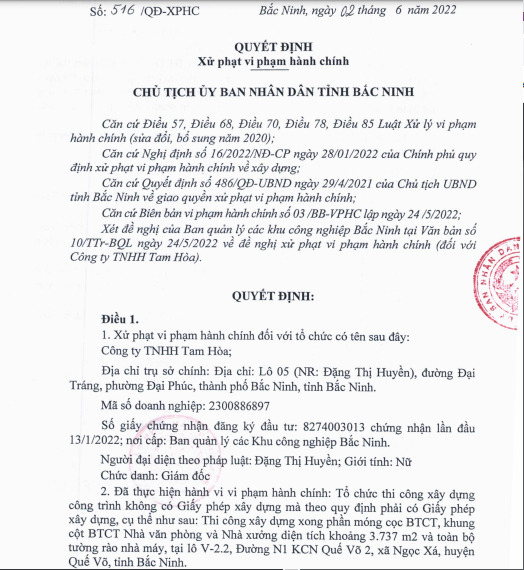 Quyết định xử phạt Công ty TNHH Tam Hòa.