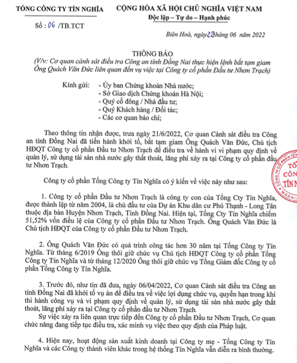 Bà Đặng Thị Thanh Hà, Chủ tịch HĐQT Tổng Công ty Tín Nghĩa cho biết, hiện Tổng công ty Tín Nghĩa hoạt động sản xuất kinh doanh tại công ty mẹ và các công ty thành viên khác trong hệ thống vẫn diễn ra bình thường.