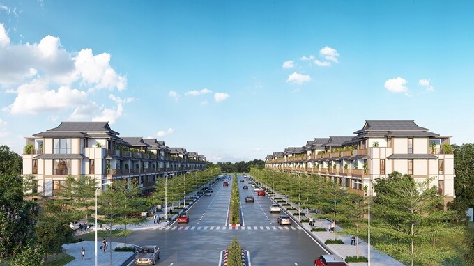 Hai dãy shophouse phố Đông dự án Impreria Grand Plaza Đức Hòa trên tuyến đường 3/2 thị trấn Hậu Nghĩa.