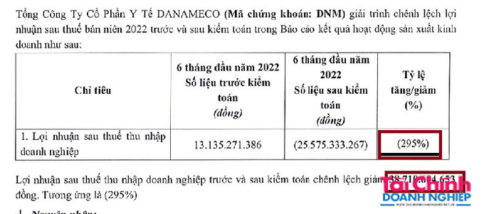 Sau kiểm toán, Danameco báo từ lãi 13 tỷ đồng sang lỗ 25 tỷ đồng, tương ứng âm 295%.