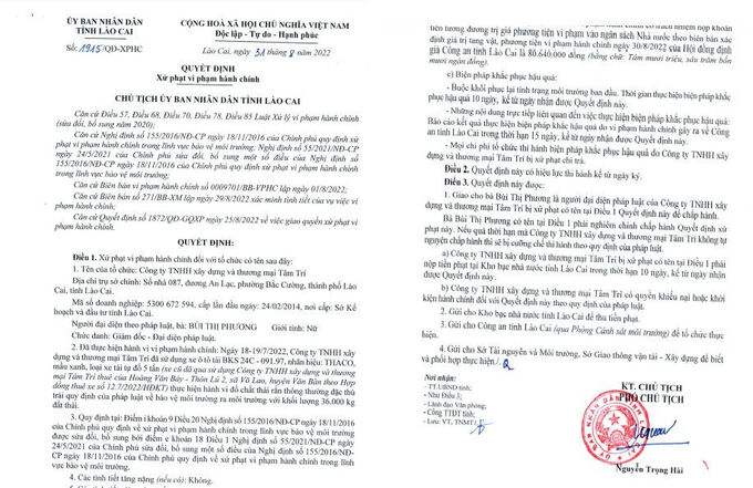 Biên bản xử phạt của UBND tỉnh Lào Cai đối với công ty Tâm Trí.