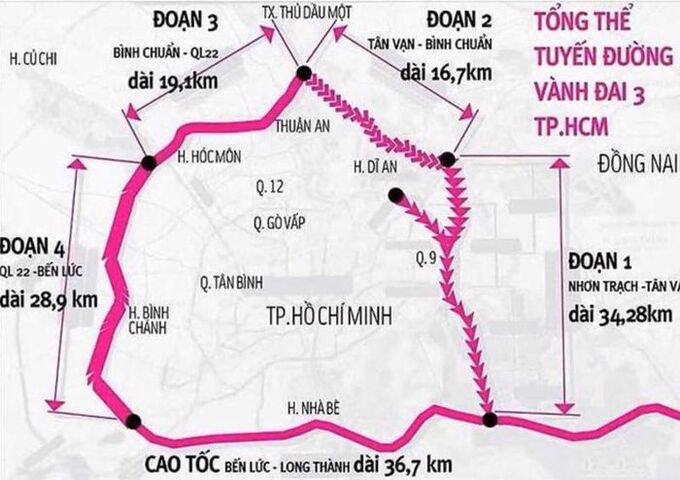 Dự án đường Vành đai 3 TP.HCM có chiều dài 89 km đi qua địa bàn các tỉnh: Đồng Nai, Bình Dương, TP.HCM và Long An.
