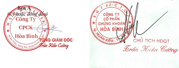 Mẫu dấu mạo danh có chữ ký “Tổng giám đốc Trần Kiên Cường” và dòng chữ “Công ty CPCK Hòa Bình” (bên trái). Mẫu dấu đã được đăng ký của Công ty Cổ phần chứng khoán Hoà Bình (bên phải).