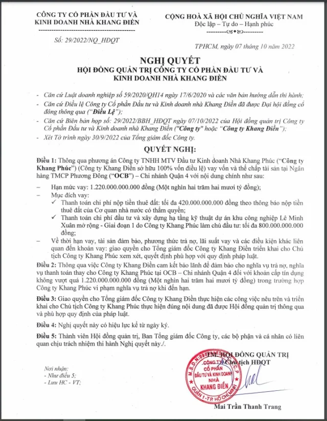 Nhà Khang Điền sẽ bảo lãnh để đảm bảo cho nghĩa vụ trả nợ, nghĩa vụ thanh toán thay cho Công ty TNHH MTV Đầu tư Kinh doanh Nhà Khang Phúc tại Ngân hàng OCB – Chi nhánh Quận 4 với hạn mức vay 1.220 tỷ đồng.