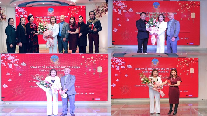 CEO Hà Vân - Chủ tịch HĐQT, TGĐ Thanh Vân Group đón nhận hoa chúc mừng tại tiệc Khai Xuân Quý Mão 2023.